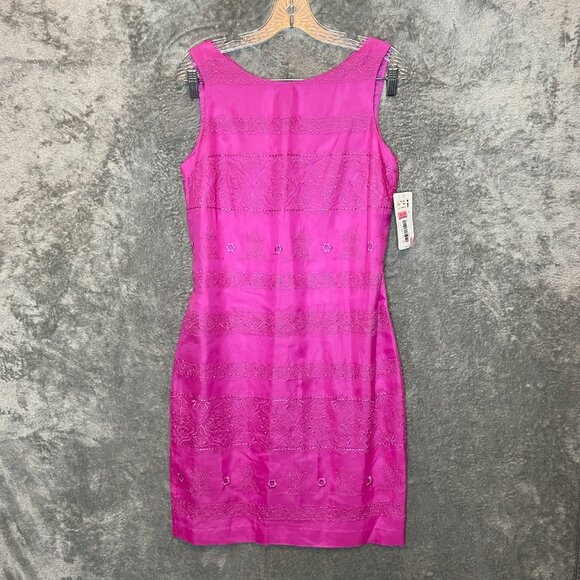 Vtg David Warren Women Embroidered Retro 60s Fuchsia Pink Silk Sheath Dress 6 - Picture 1 of 12